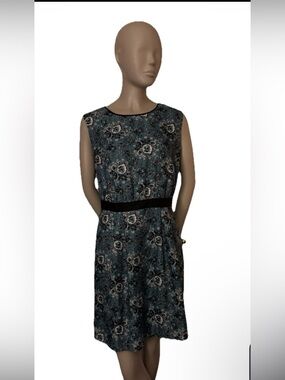LOFT Teal Paisley Sleeveless Midi Dress with Black Waistband